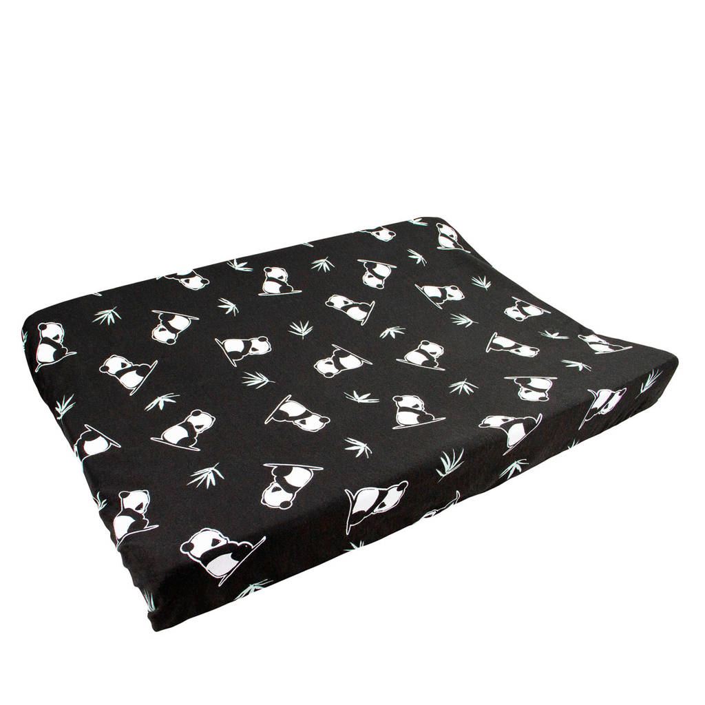 Panda Dreams interlock aankleedkussenhoes 50x70 cm shy panda, Zwart/wit