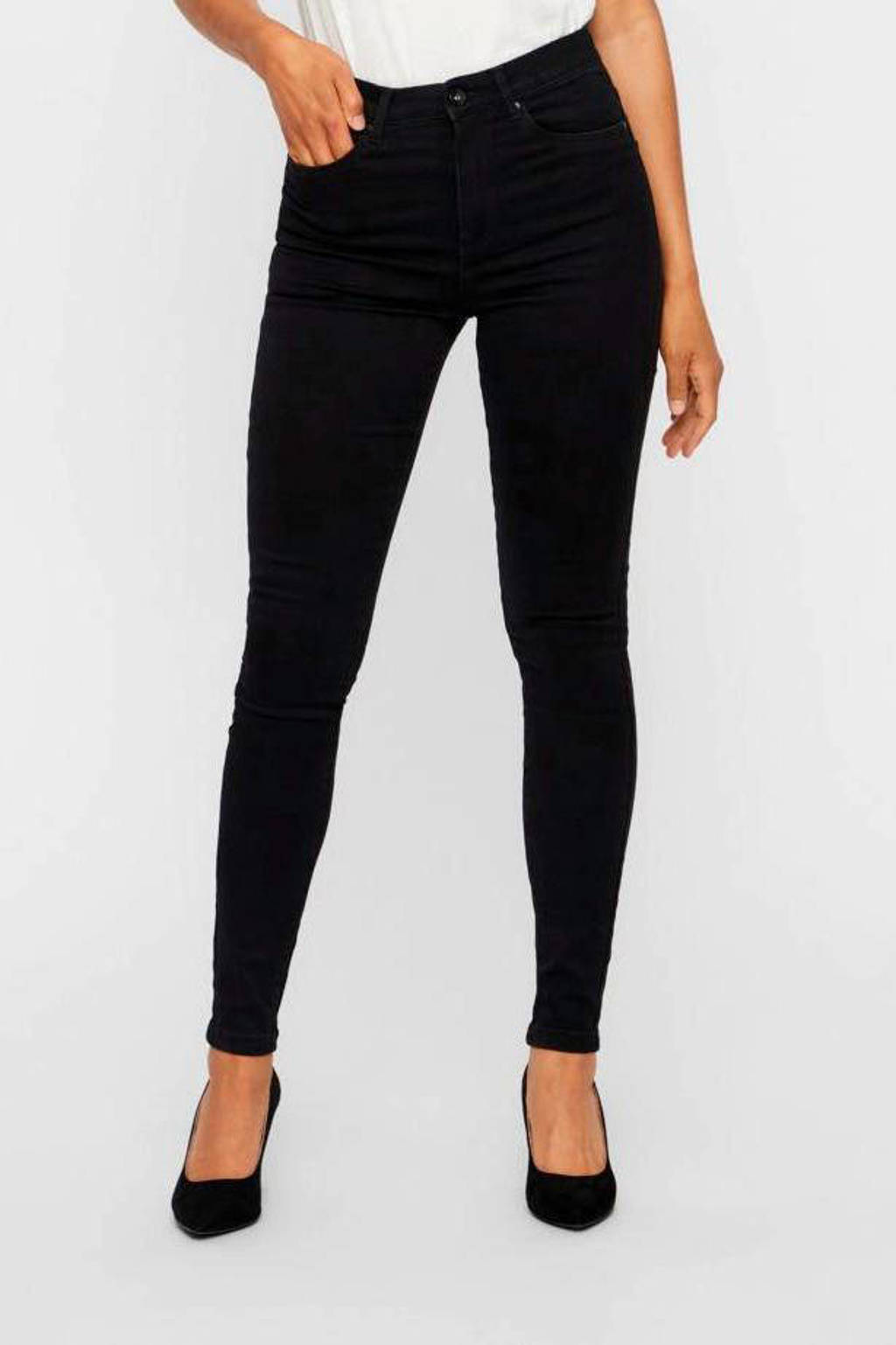 Zwarte dames VERO MODA high waist skinny jeans black van duurzaam stretchdenim met rits- en knoopsluiting