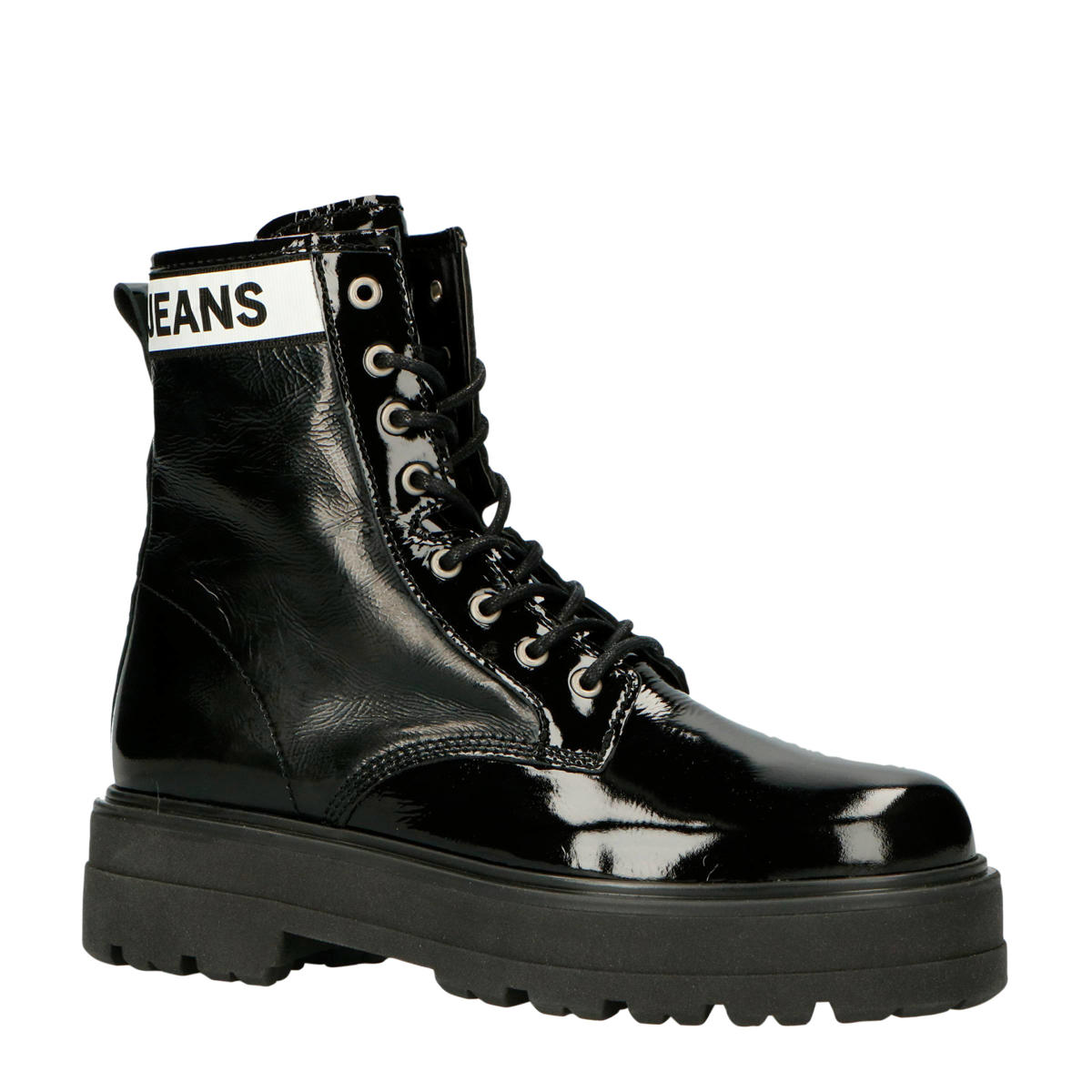 Tommy Jeans Flatform Boot lakleren veterboots zwart/wit wehkamp