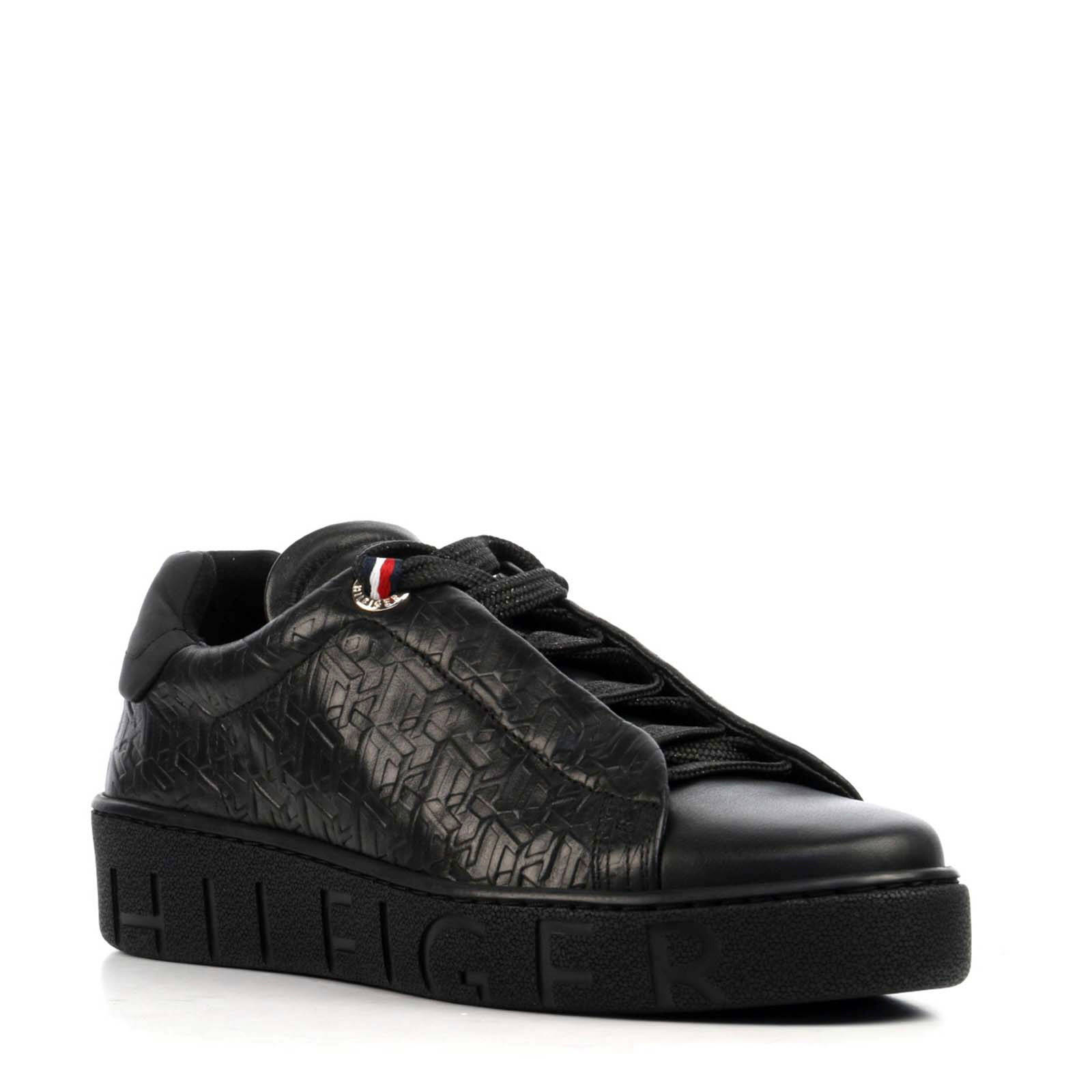 Tommy Hilfiger Monogram Dressy leren sneakers zwart | wehkamp