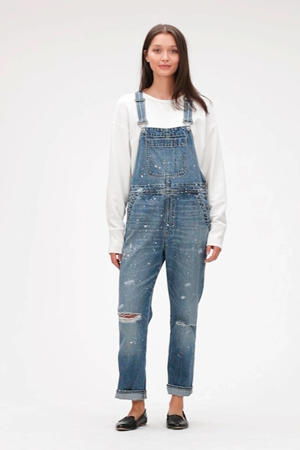 high waist straight fit tuinbroek met slijtage medium indigo 10