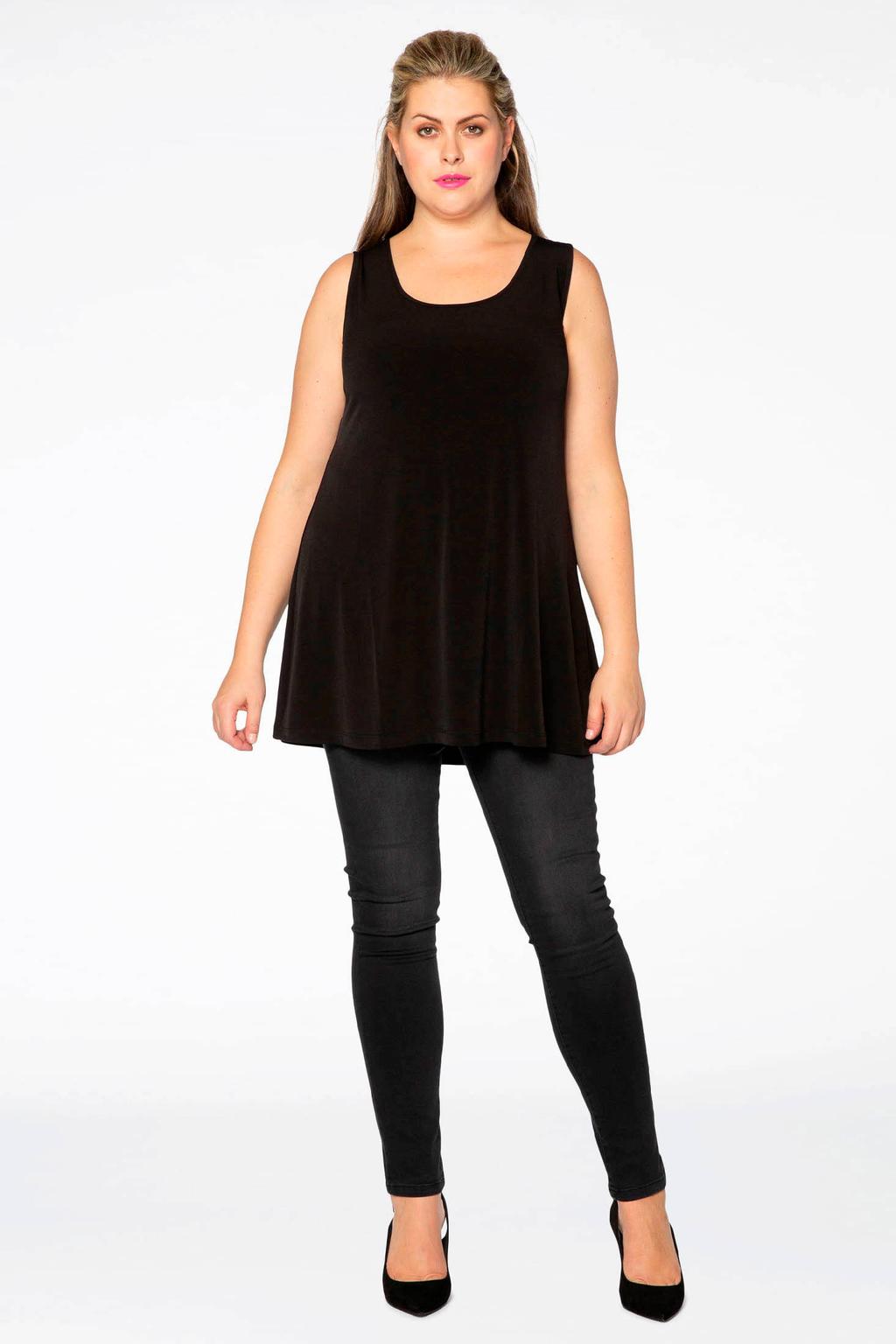 Zwarte dames Yoek singlet van travelstof met ronde hals