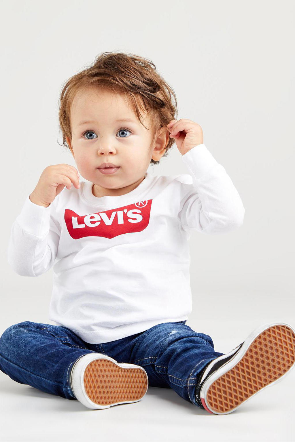 Witte jongens en meisjes Levi's Kids baby longsleeve Batwing van katoen met lange mouwen en ronde hals