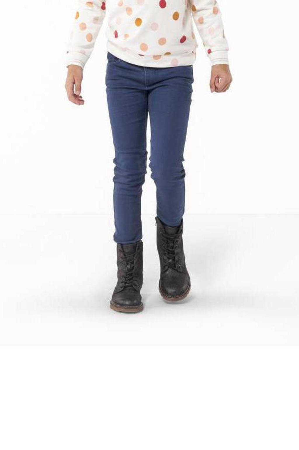 Donkerblauwe meisjes HEMA skinny jeans van stretchdenim met regular waist en rits- en haaksluiting