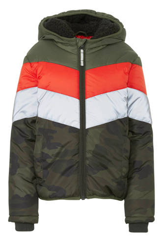 winterjas John met camouflageprint donkergroen