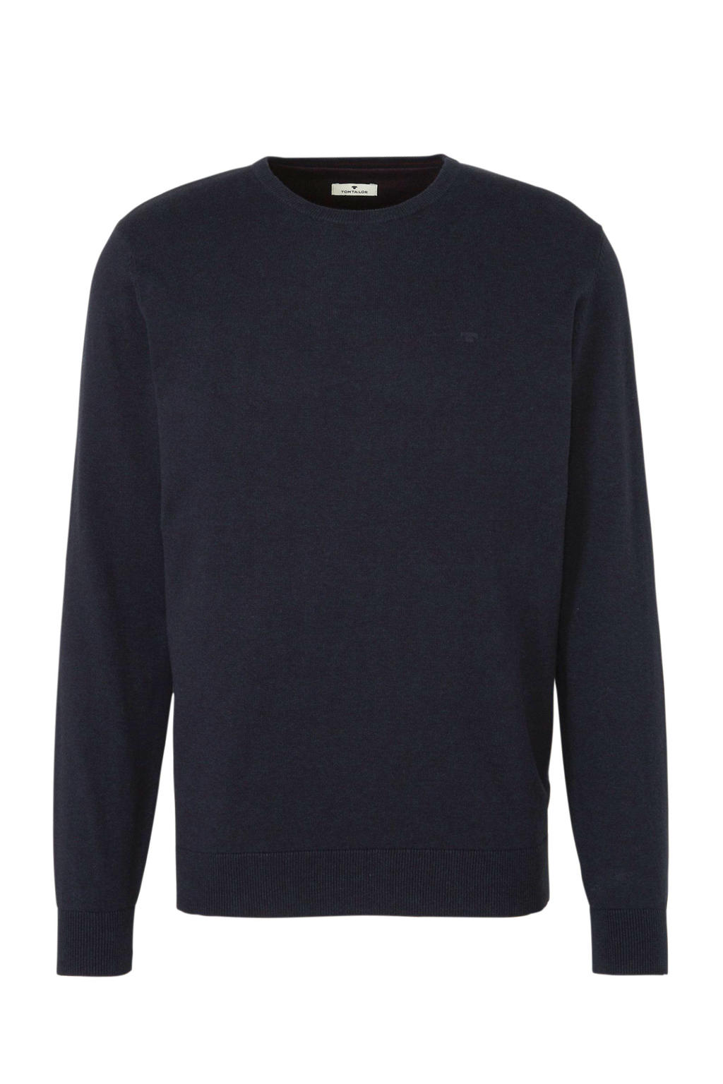Marineblauwe heren Tom Tailor trui van katoen met melée print, lange mouwen en ronde hals