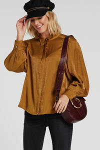anytime blouse met pofmouw in glanzend satijn-structuur, Kopergoud