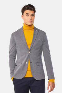 Blauw en grijze heren WE Fashion gemêleerd slim fit colbert van polyester met reverskraag