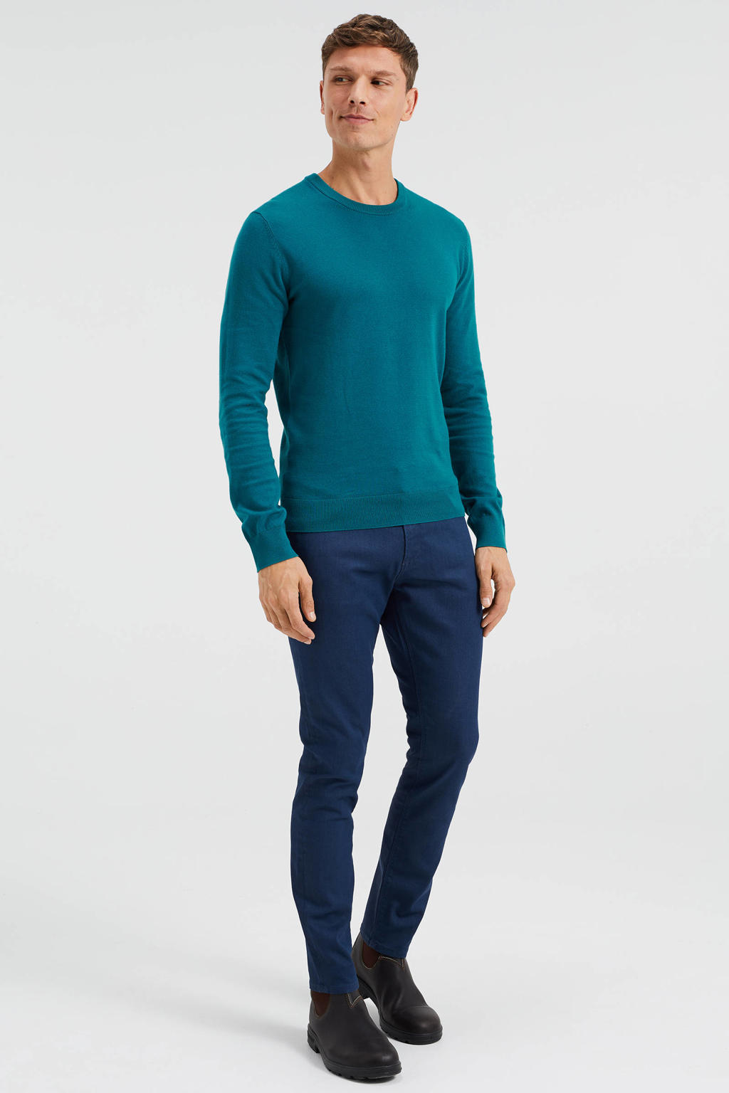 Turquoise heren WE Fashion sweater van katoen met lange mouwen en ronde hals