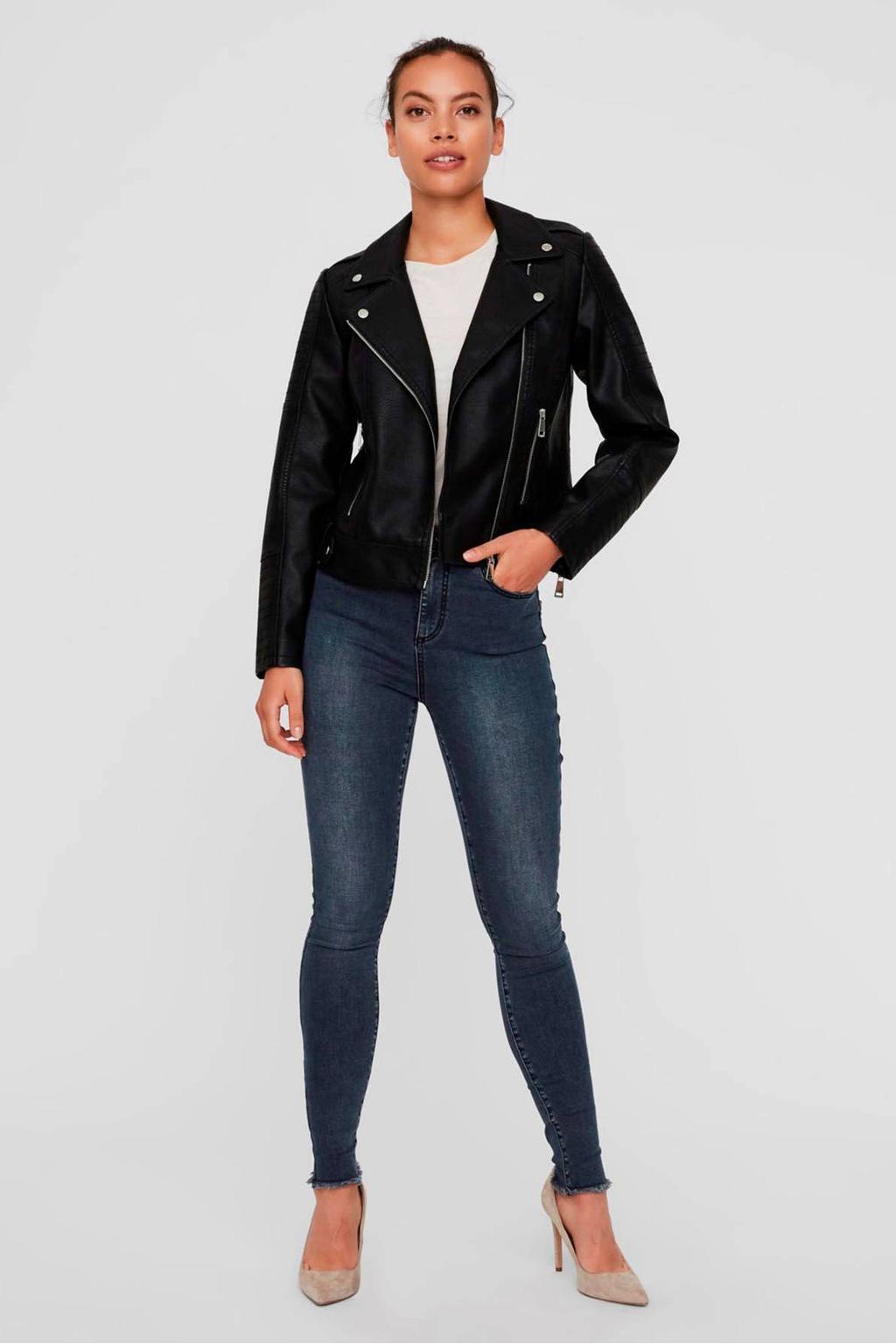 Zwarte dames VERO MODA imitatieleren bikerjack met lange mouwen, reverskraag en ritssluiting