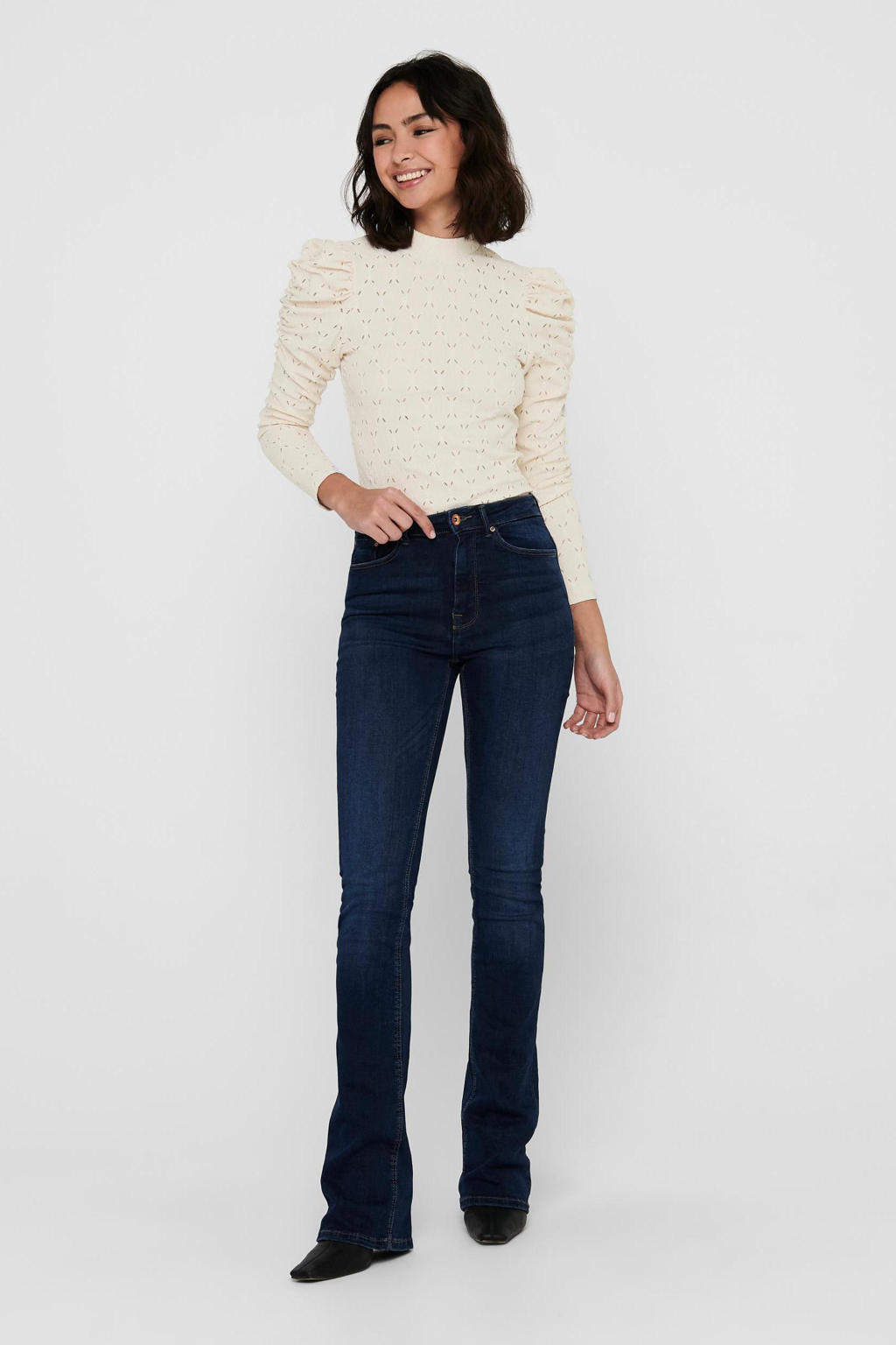 Donkerblauwe dames ONLY high waist flared jeans dark blue van stretchdenim met rits- en knoopsluiting
