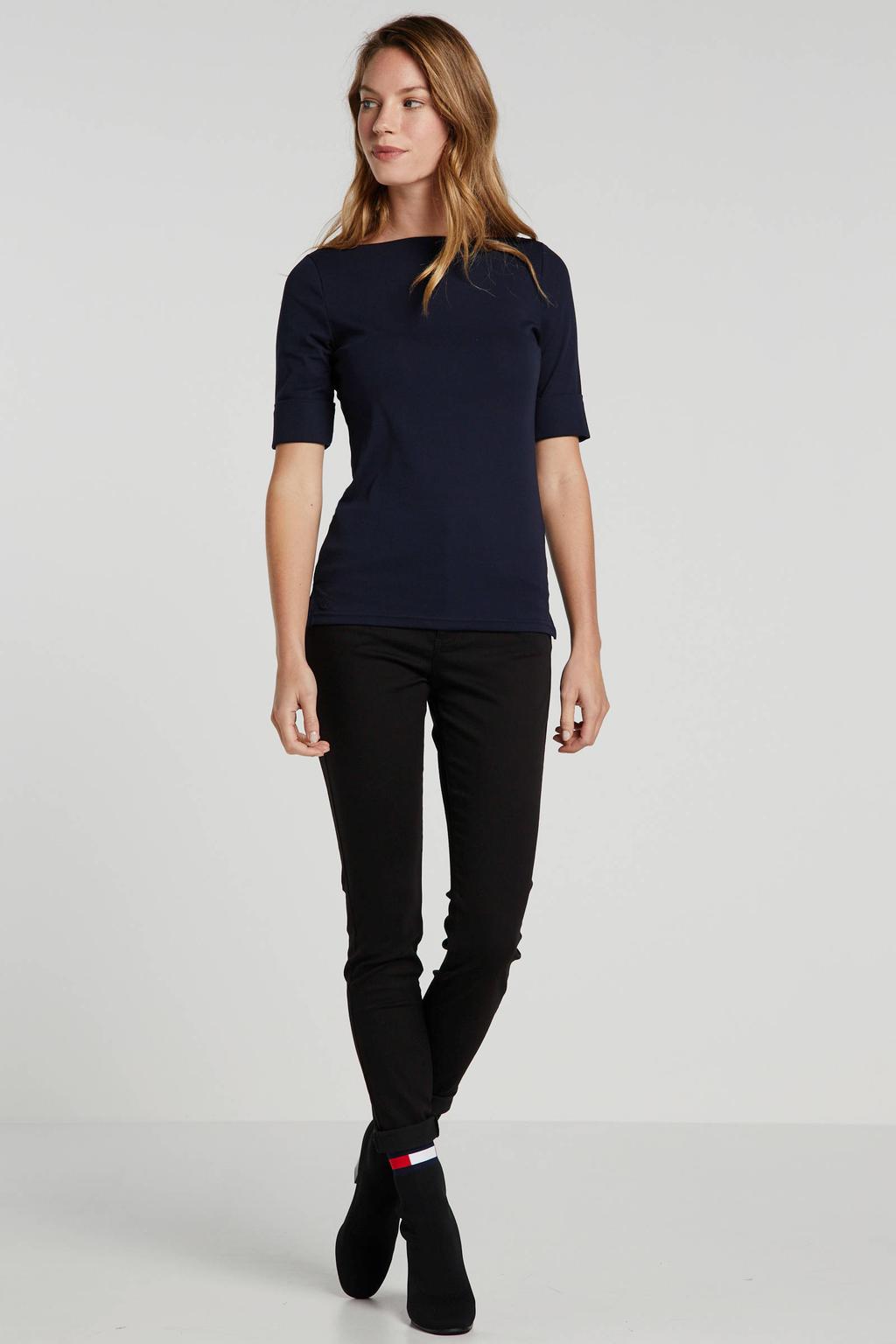 Donkerblauwe dames Lauren Ralph Lauren top van katoen met half lange mouwen en boothals