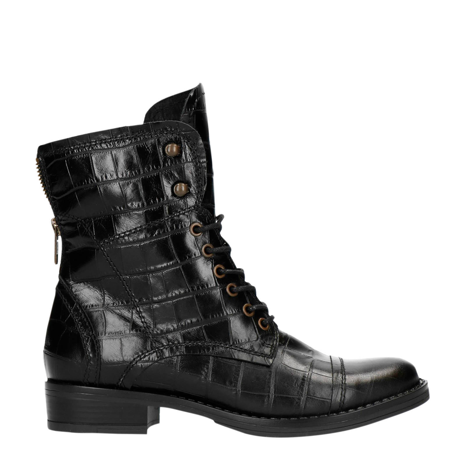 Manfield leren veterboots crocoprint zwart | wehkamp
