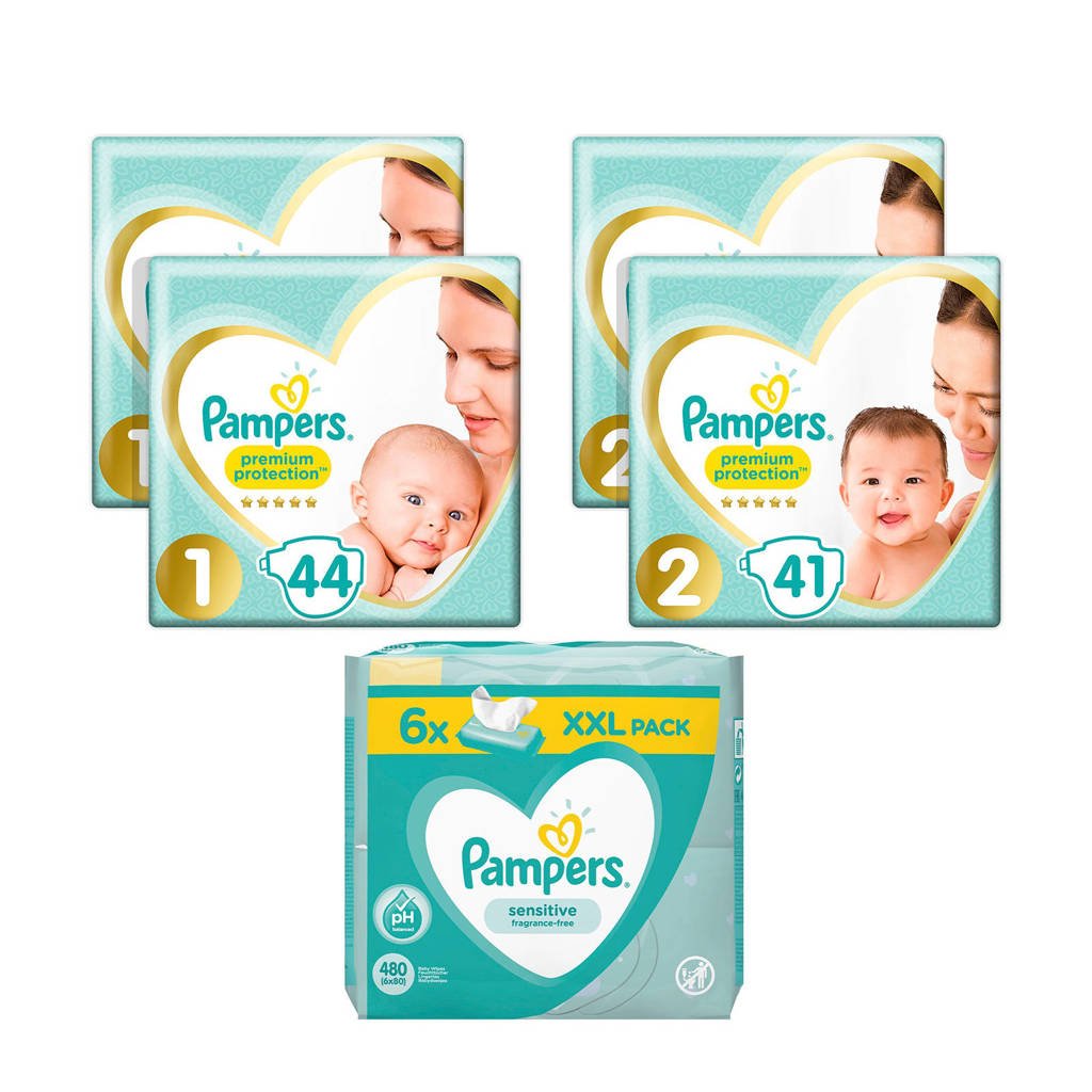 Pampers Premium Protection starterspakket maat 1+2 (2-8 kg) 170 luiers + 480 Sensitive babydoekjes (6 x 80)