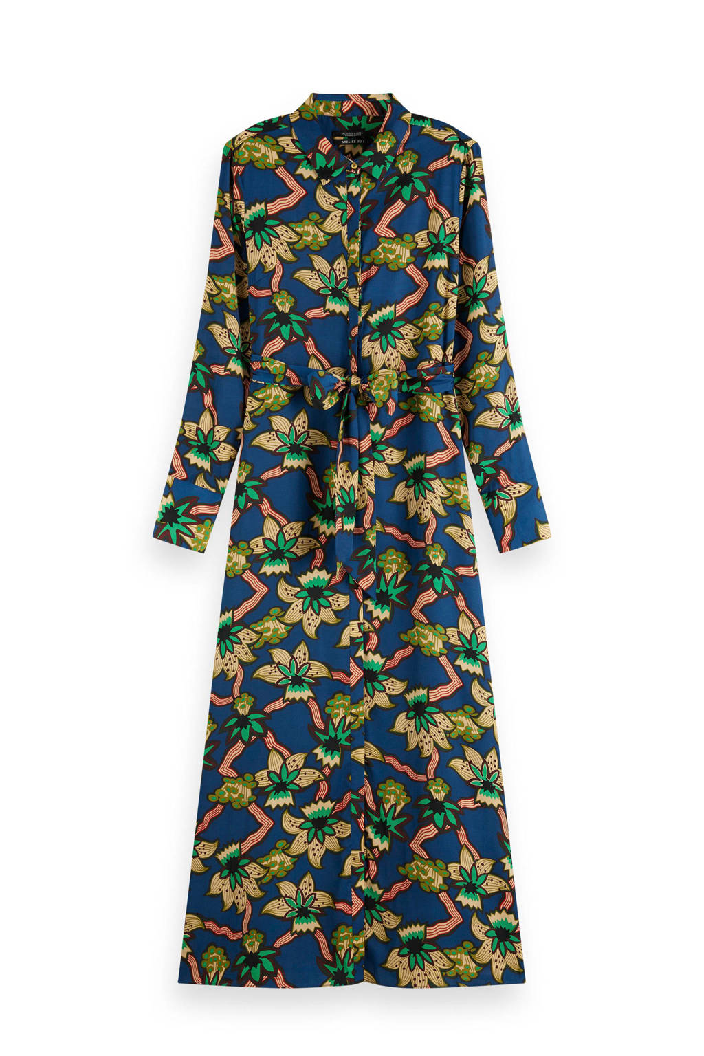 Scotch & Soda maxi blousejurk met all over print en ceintuur blauw/groen, Blauw/groen
