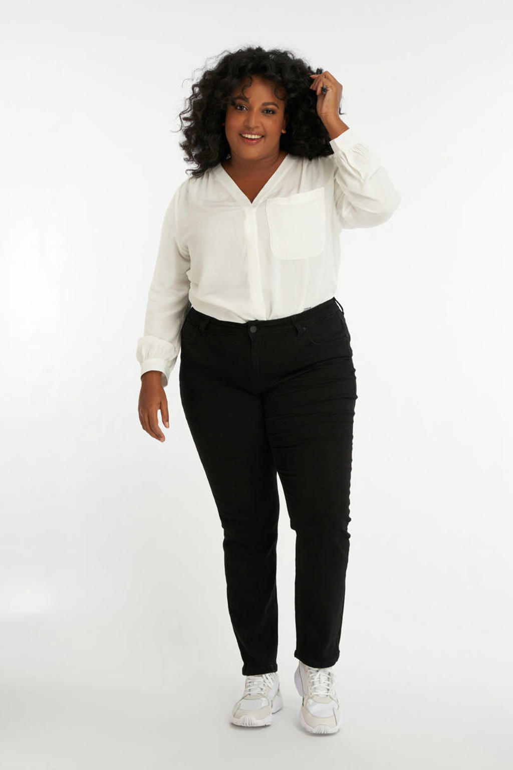 Zwarte dames MS Mode loose leg jeans van stretchdenim met straight fit, regular waist en rits- en drukknoopsluiting
