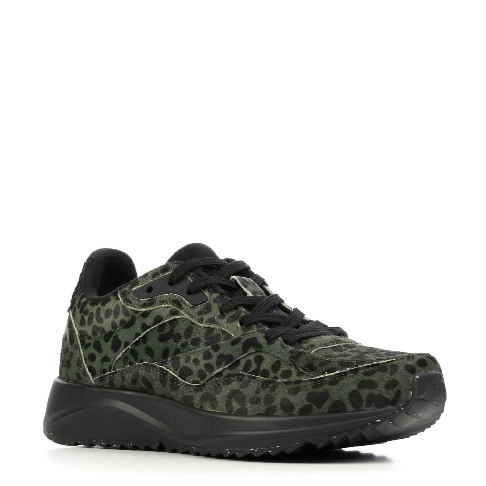 Woden Sophie Pony leren sneakers panterprint groen | wehkamp