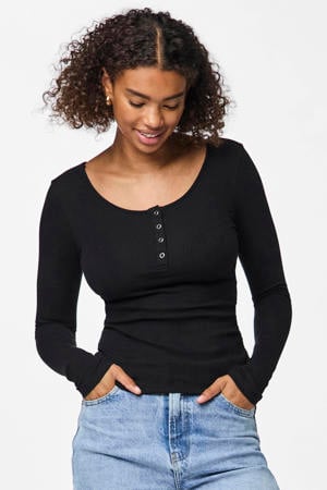ribgebreide longsleeve PCKITTE met katoen zwart