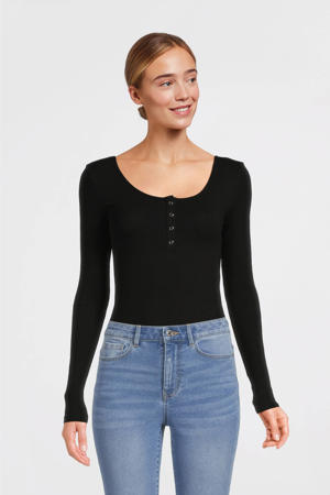 ribgebreide longsleeve PCKITTE met katoen zwart