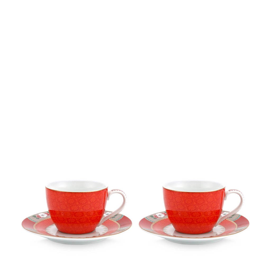 Pip Studio Blushing Birds kop en schotel (2x 120 ml) (set van 2), Rood