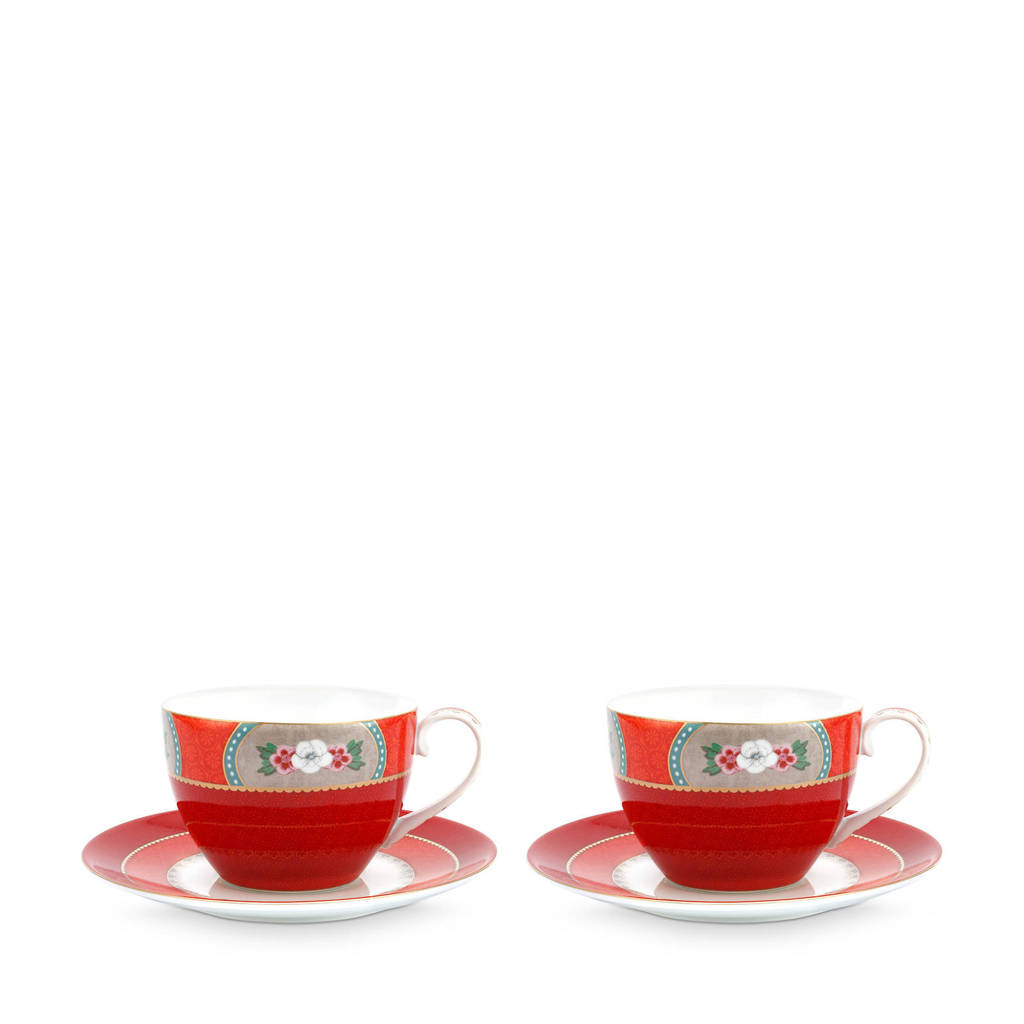 Pip Studio Blushing Birds kop en schotel (2x 280 ml) (set van 2), Rood