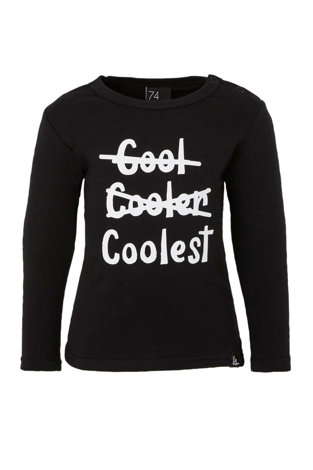 Zwarte jongens Babystyling longsleeve van stretchkatoen met tekst print, lange mouwen, ronde hals en drukknoopsluiting