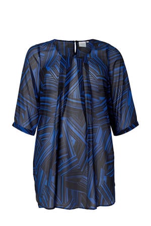 semi-transparante tuniek met all over print zwart/blauw