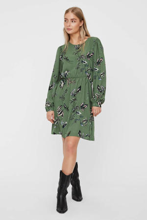 jurk met bladprint en plooien groen