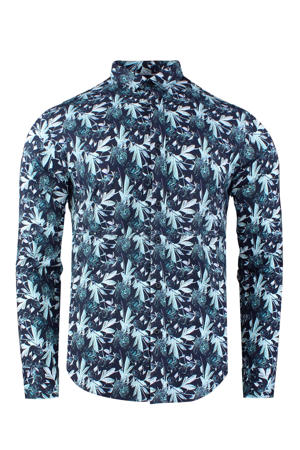 slim fit overhemd met all over print donkerblauw/wit