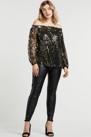 Capsule off shoulder top met all over print en pailletten zwart/goud