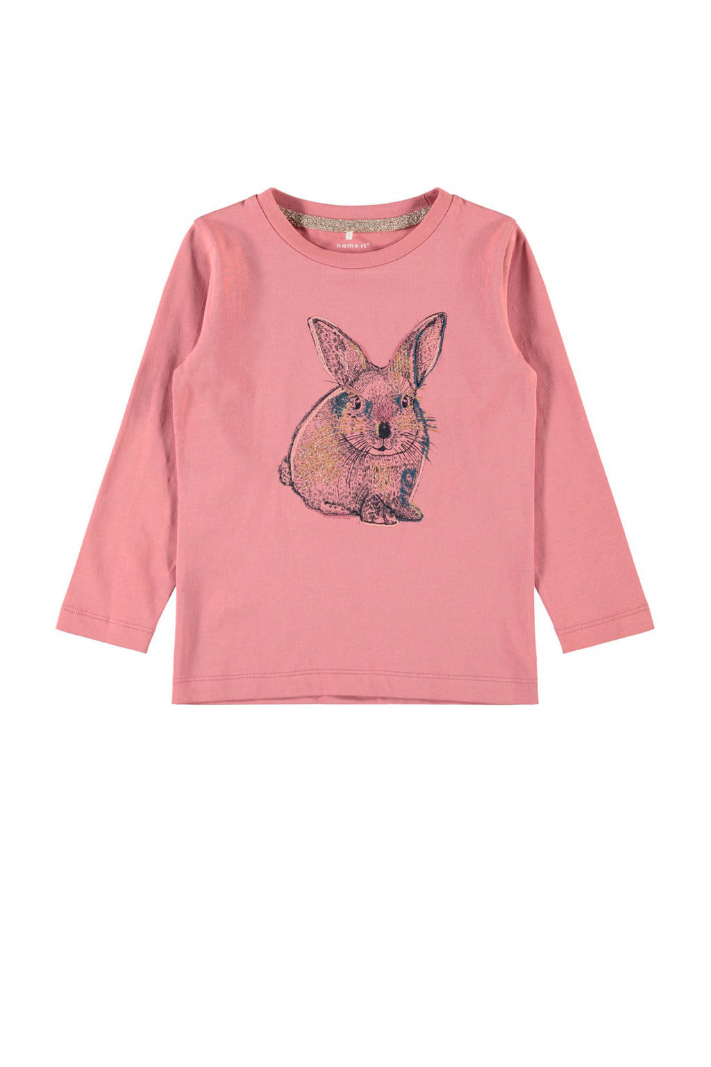 NAME IT MINI longsleeve met printopdruk en glitters roze/zwart/goud, Roze/zwart/goud