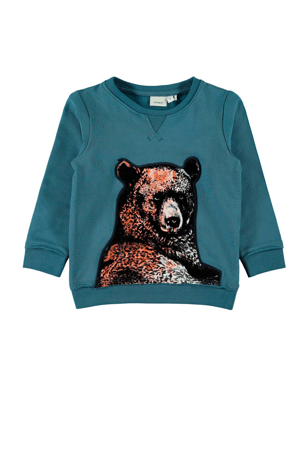 NAME IT MINI sweater met borduursels blauw/bruin/zwart, Blauw/bruin/zwart