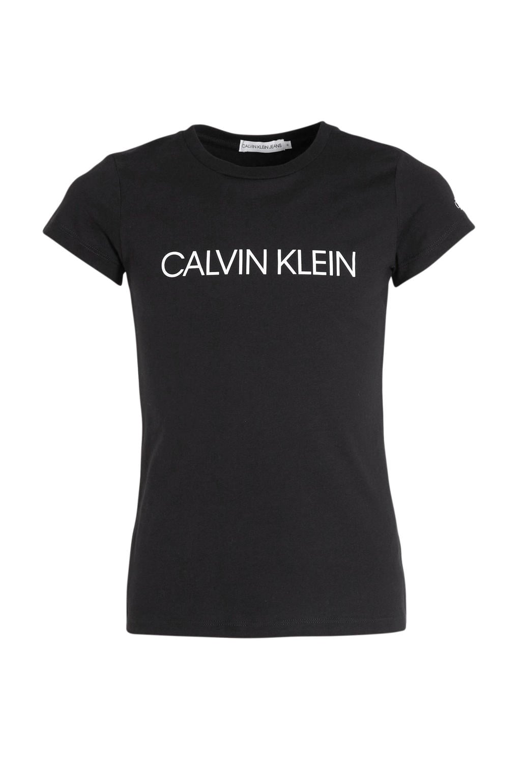 Zwarte meisjes CALVIN KLEIN JEANS slim fit T-shirt van katoen met logo dessin, korte mouwen en ronde hals