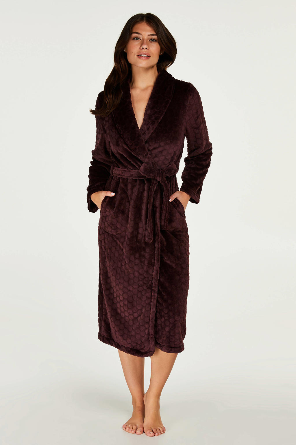 Hunkemöller fleece badjas met textuur aubergine