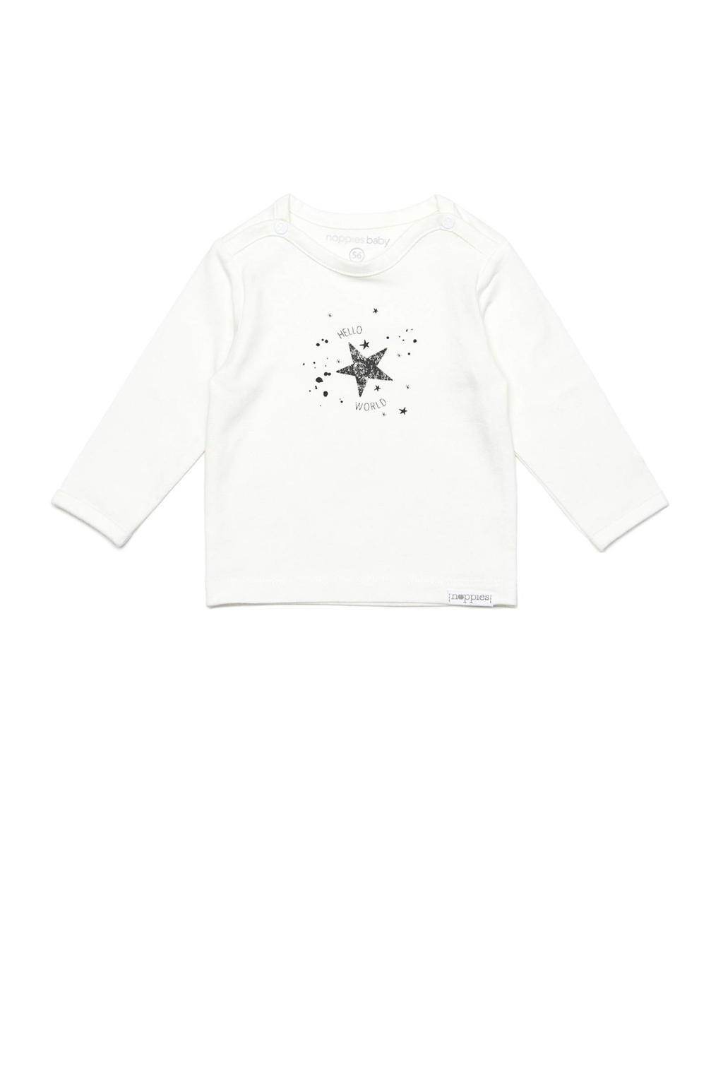 Witte jongens en meisjes Noppies baby basic longsleeve Lux katoen met printopdruk, lange mouwen, ronde hals en drukknoopsluiting