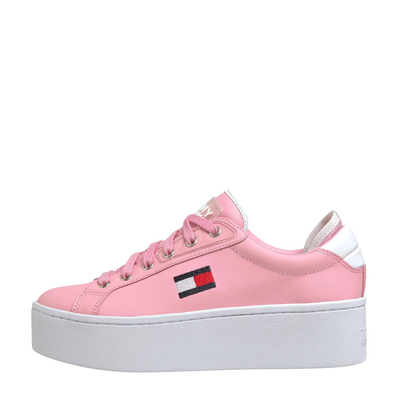 Tommy Jeans leren plateau sneakers roze | wehkamp