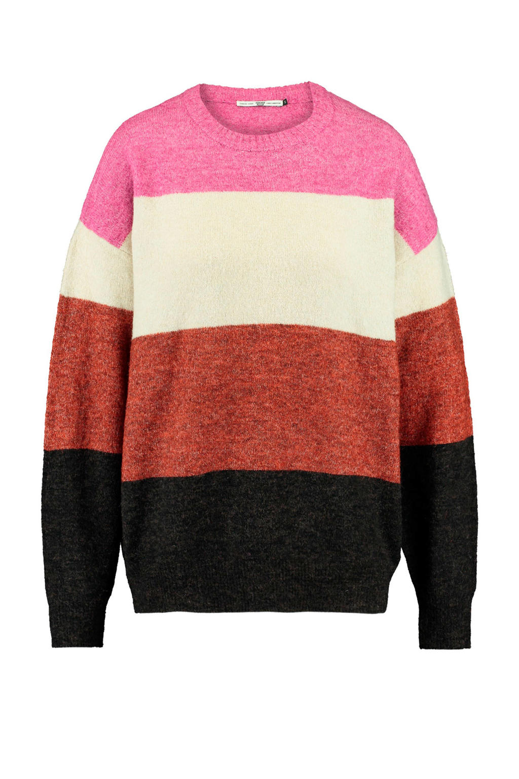 Roze, ecru en zwarte dames America Today gebreide trui van polyester met meerkleurige print, lange mouwen en ronde hals