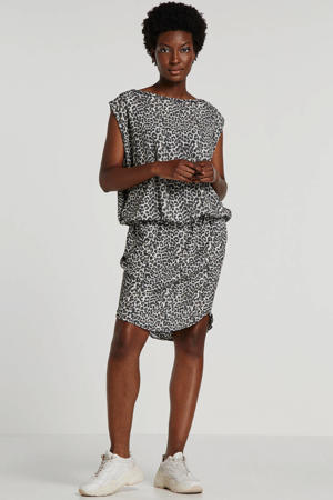 jersey jurk met panterprint wit/grijs