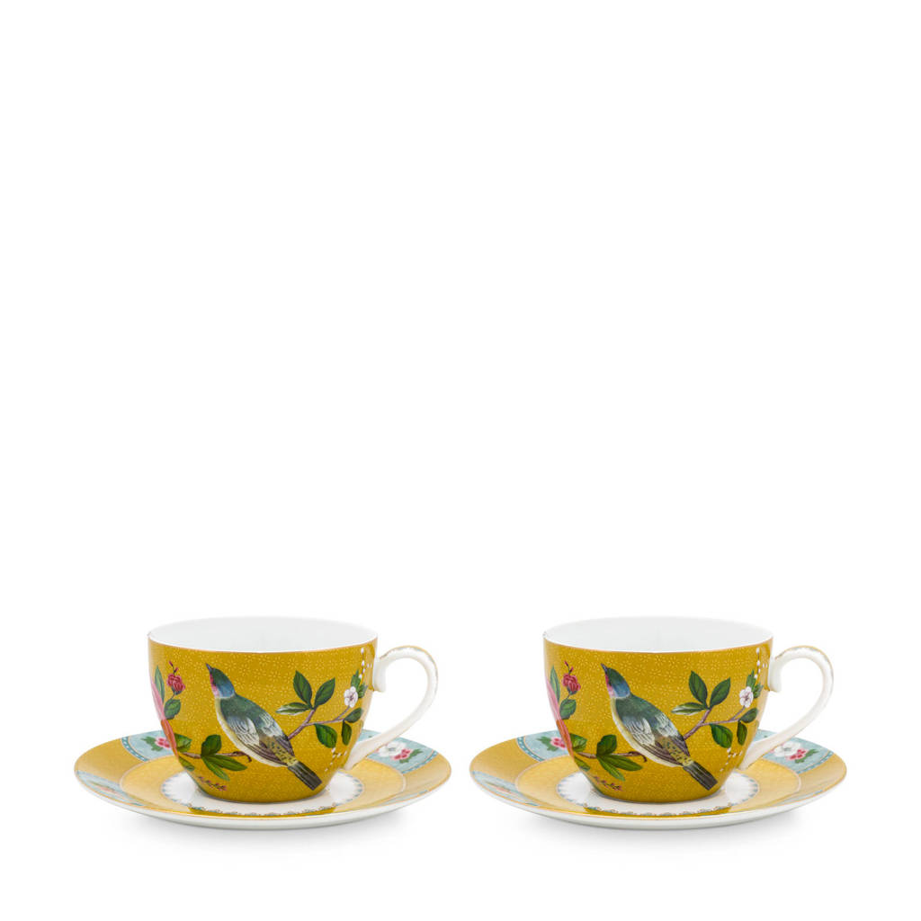 Pip Studio Blushing Birds kop en schotel (280 ml) (set van 2), Geel