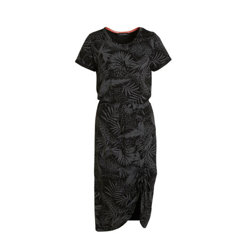 anytime jurk met rimpels en bladprint zwart taupe anytime jurk met rimpels en bladprint zwart taupe