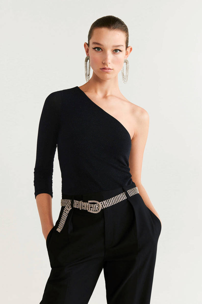 Mango one shoulder top met all over print en open detail zwart wehkamp