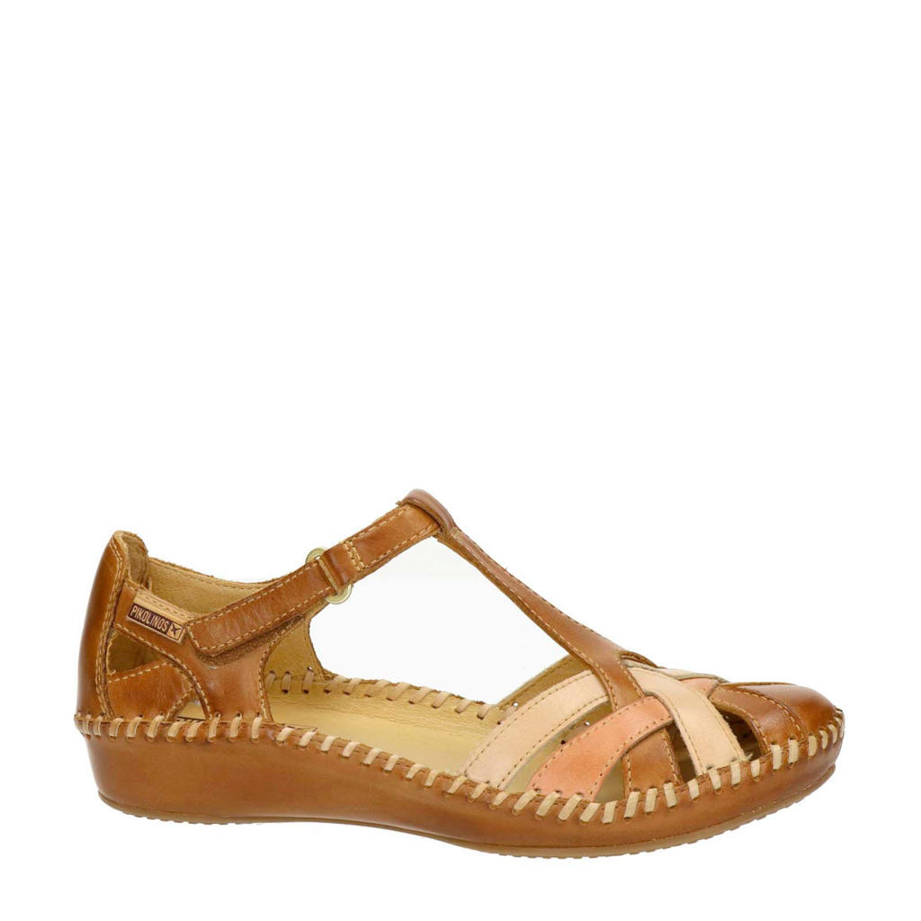 Ecru dames Pikolinos Vallarta leren sandalen met sleehak en klittenband