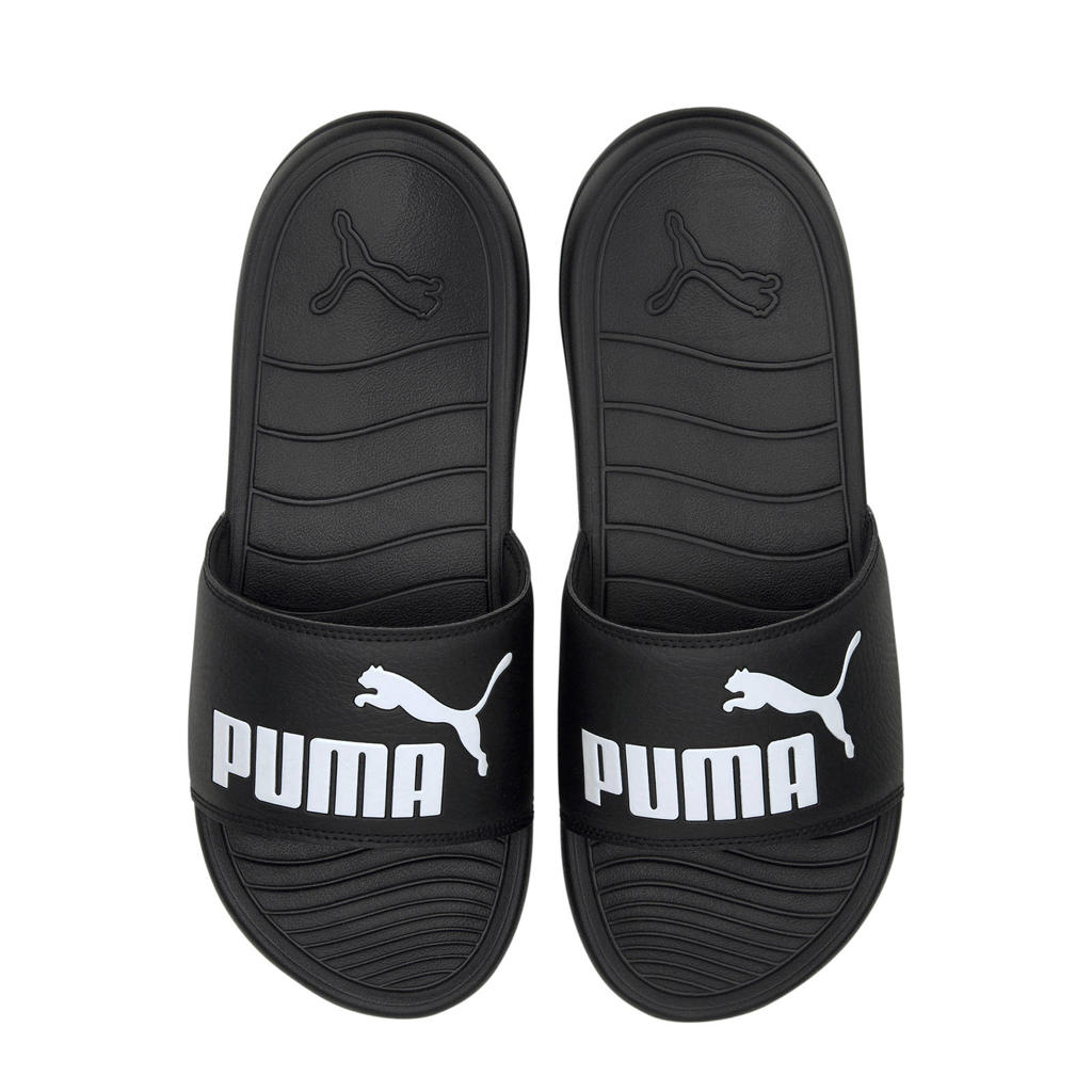 Zwart en witte unisex Puma Popcat 20 badslippers van imitatieleer met logo