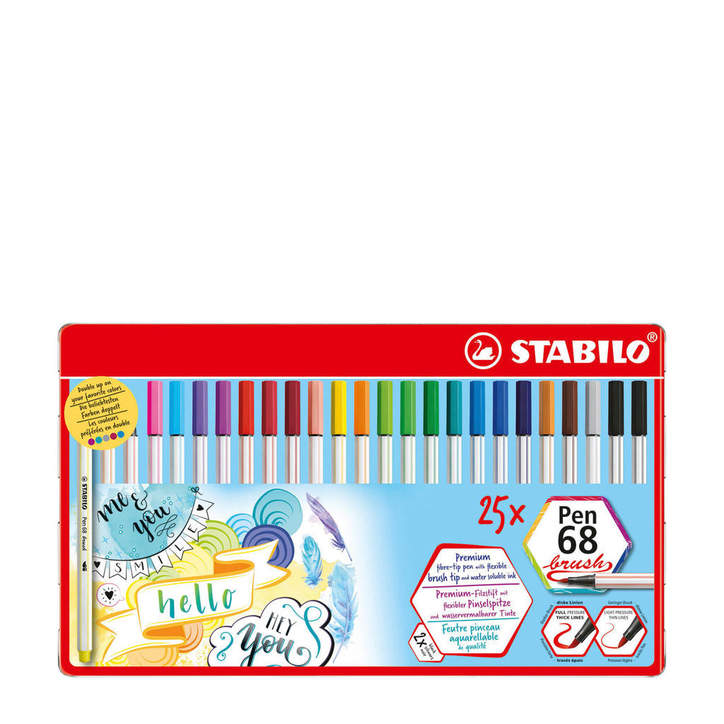 STABILO Premium Brush Viltstift - Pen 68 Brush - Met Flexibele Penseelpunt - Metalen Etui Met 25 Verschillende Kleuren