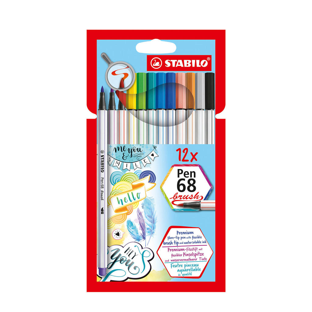 STABILO Premium Brush Viltstift - Pen 68 Brush - Met Flexibele Penseelpunt - Etui Met 12 Verschillende Kleuren