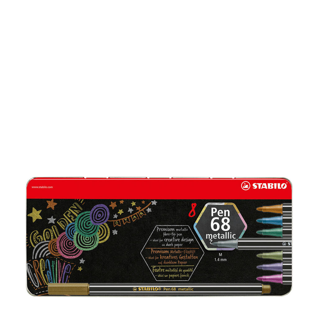 STABILO Premium Metallic Viltstift - Pen 68 Metallic - Metalen Etui met 8 Verschillende Kleuren