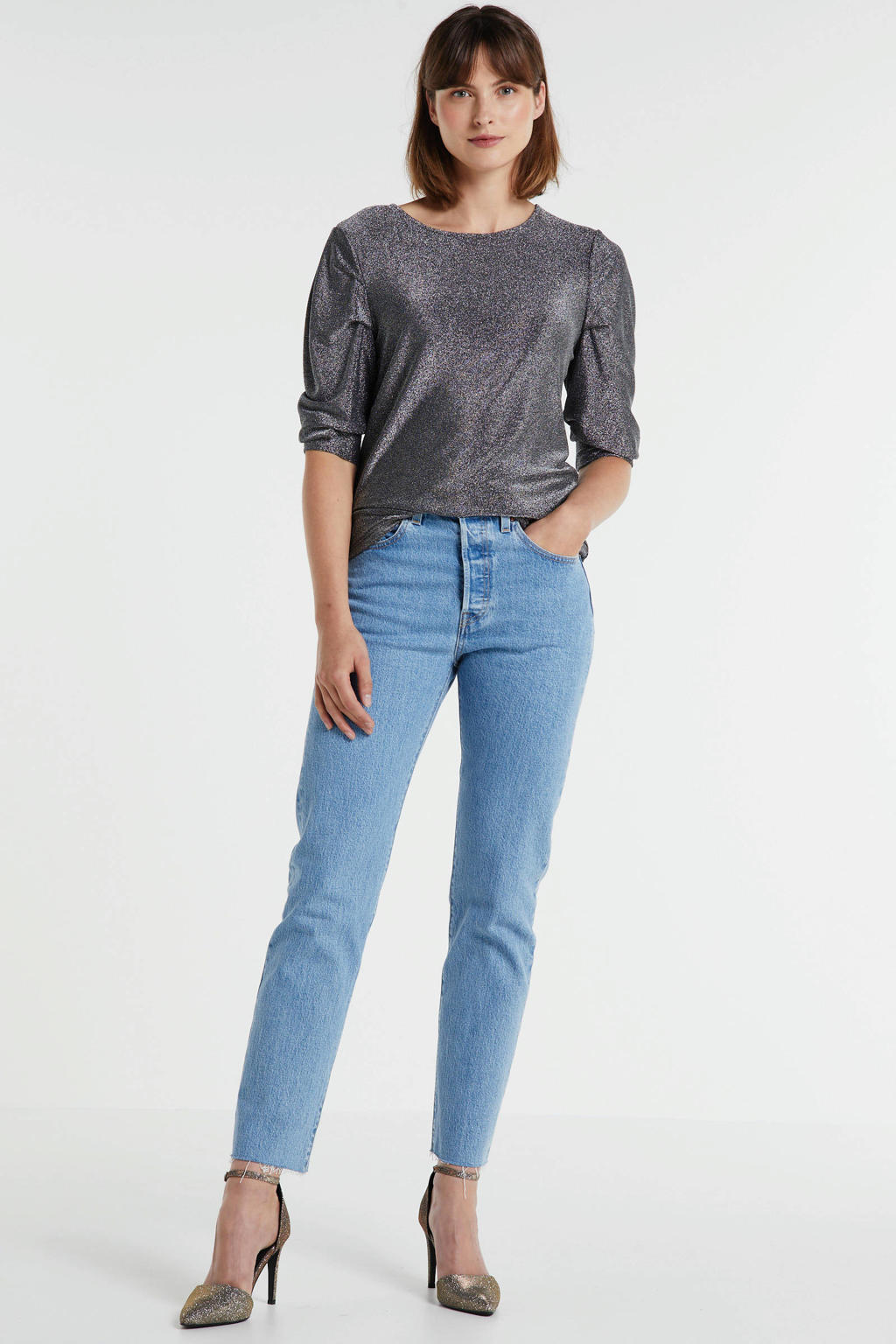 Blauwe dames Levi's 501 cropped high waist straight jeans van stretchdenim met knoopsluiting