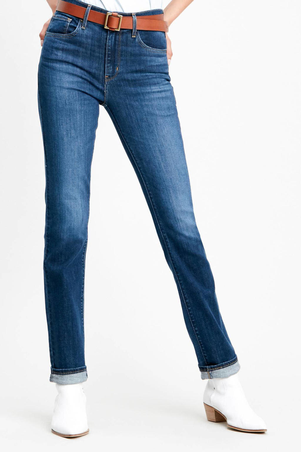 Donkerblauwe dames Levi's high waist straight fit jeans van denim met rits- en knoopsluiting