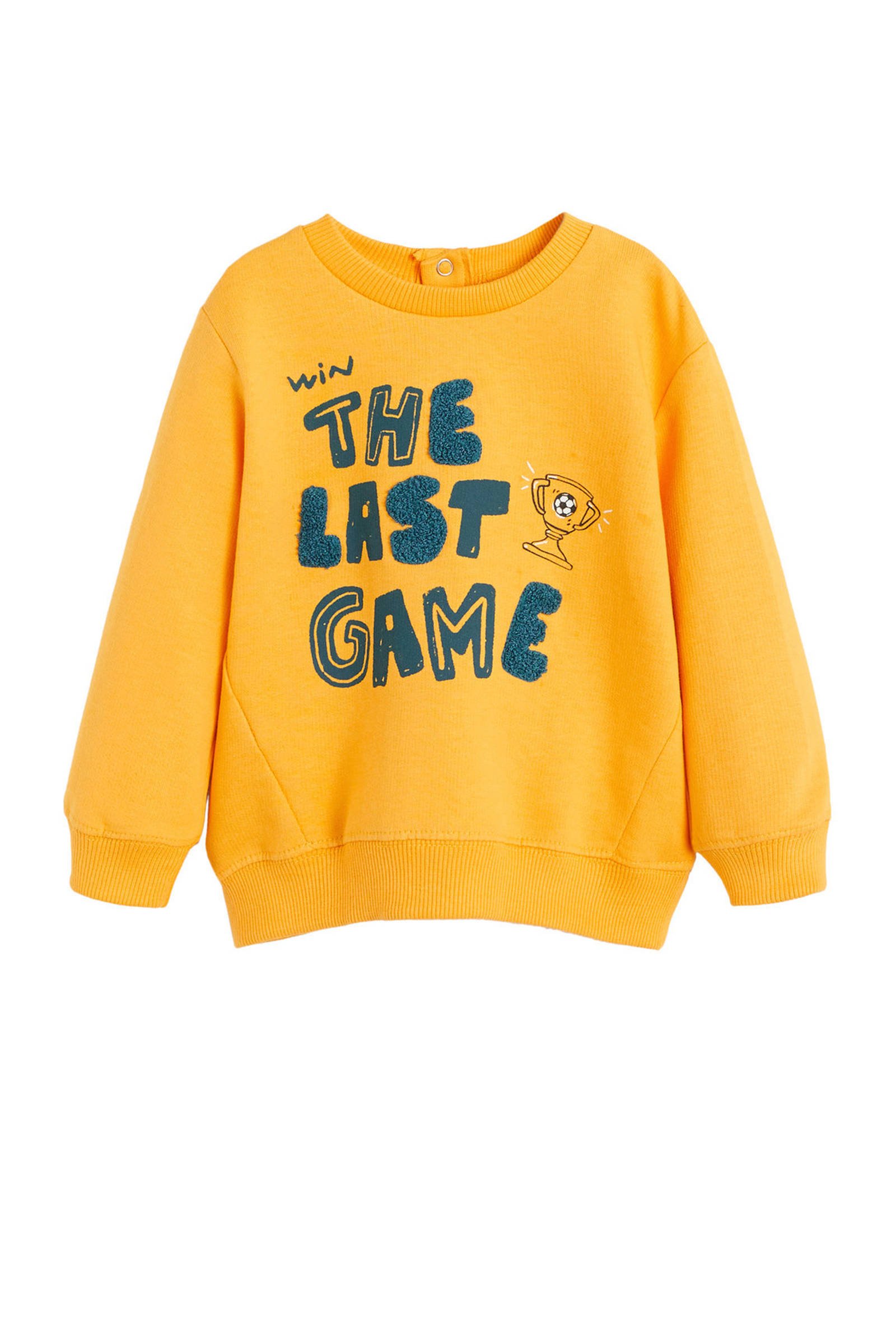 Mango Kids sweater met tekst en 3D applicatie geel | wehkamp Mango Kids sweater met tekst zwartwit | wehkamp