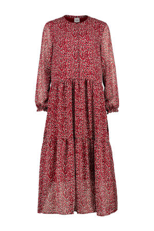 semi-transparante maxi jurk met panterprint rood/ecru/zwart